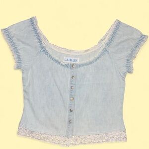 Y2K L.A. Blues Dead-stock Denim Blue Lace Trim Off The Shoulder Blouse